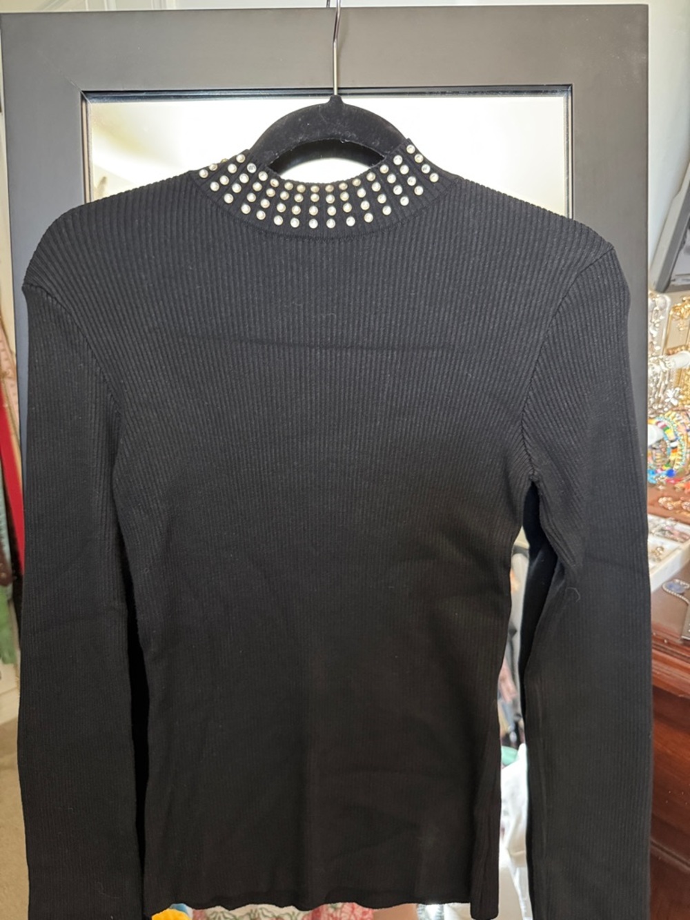 Lipsy of London Black Ribbed Long Sleeve Top with Gem-Studded Collar - size 8